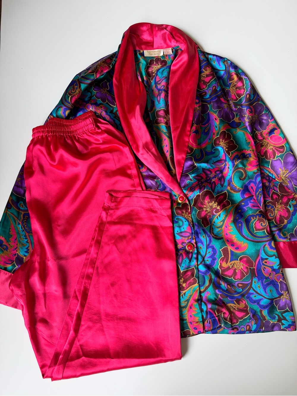 VTG Victorias Secret Gold Tag Satin Floral Colorful Pajama Set Long Sleeve M